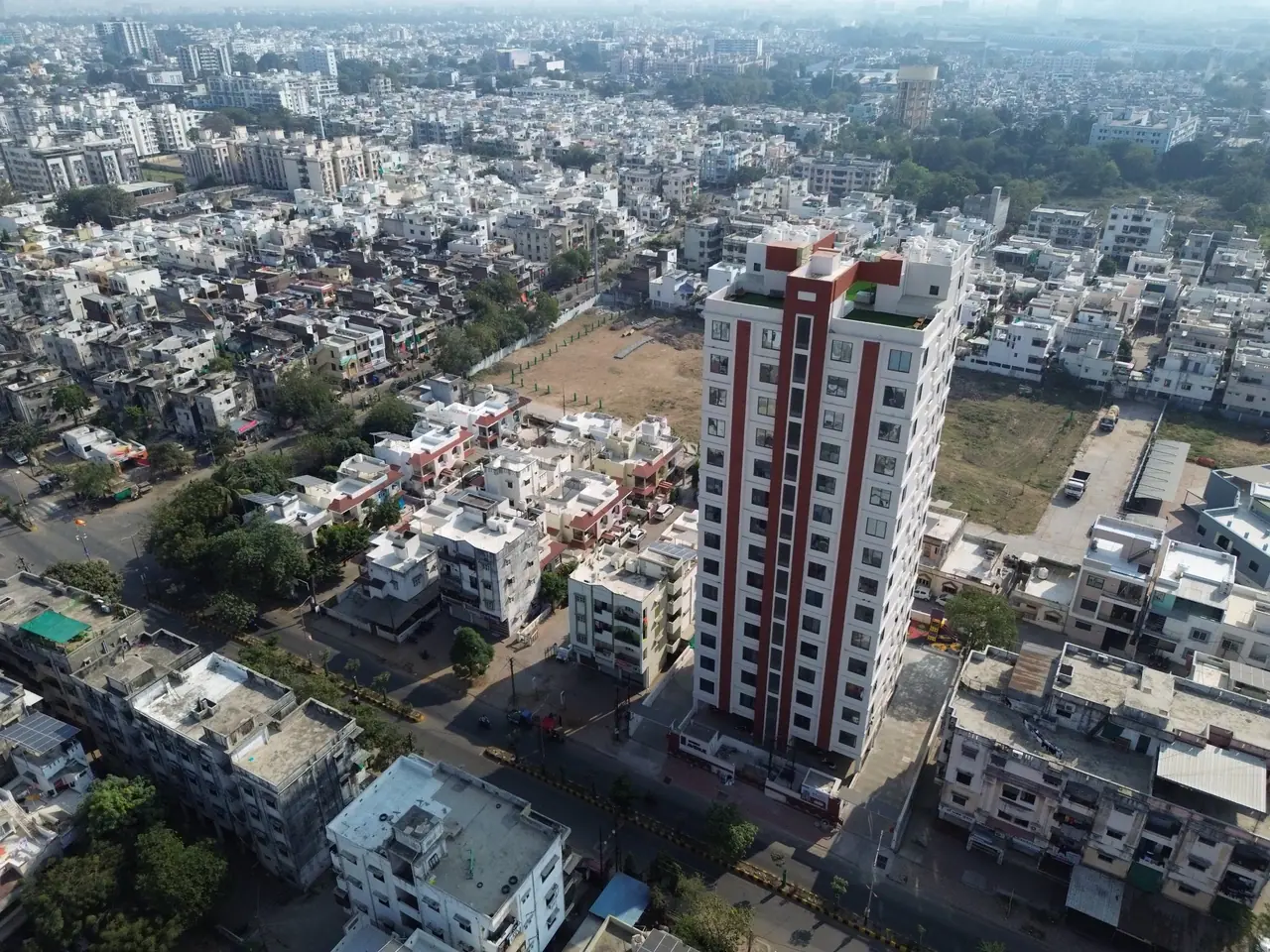 Aerial view of the completed Shreeji Avenue tower in Vadodara