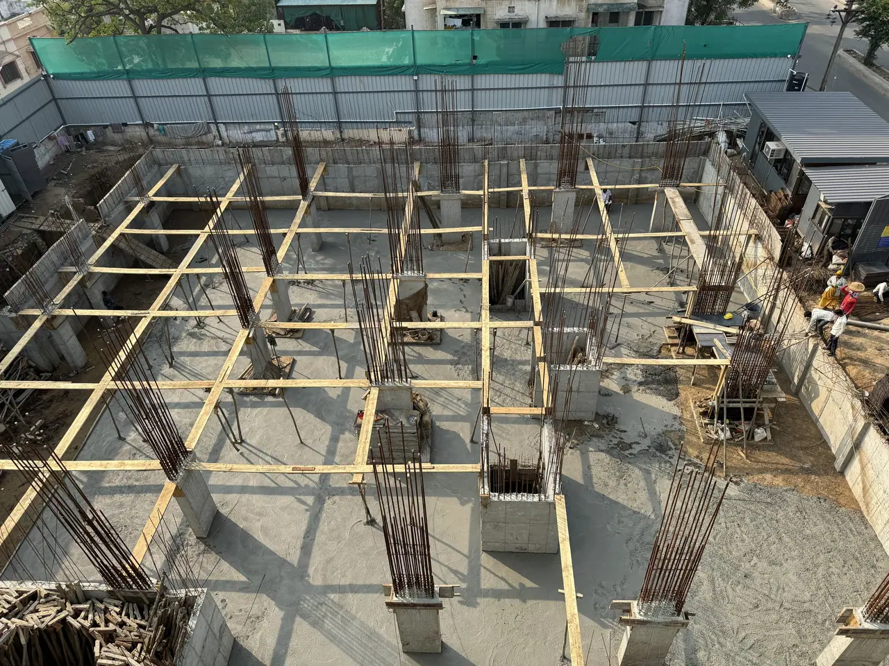 Column reinforcement and formwork at Shreeji Avenue, seen from above