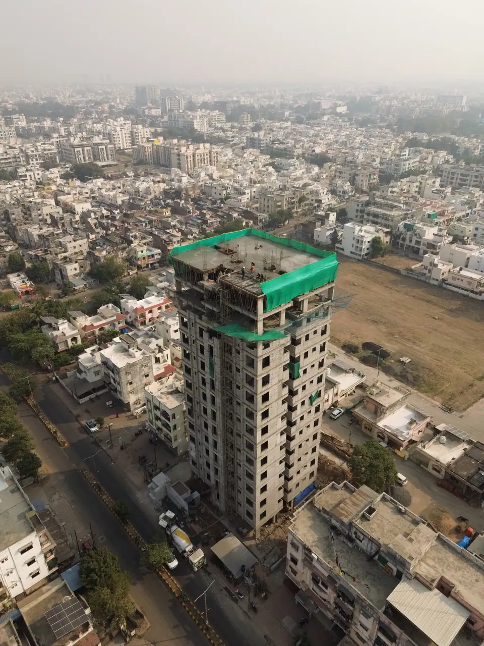Aerial view of the completed Shreeji Avenue tower structure